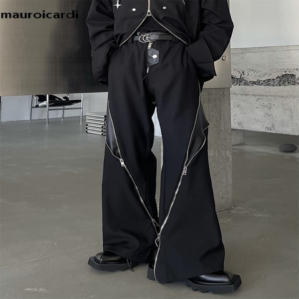 Mauroicardi 봄 가을 쿨 롱 루즈 블랙인조가죽 레자 레더 가죽 패치워크 바지 팬츠 남성용, 많은 지퍼, 럭셔리 디자이너 의류 2023... 