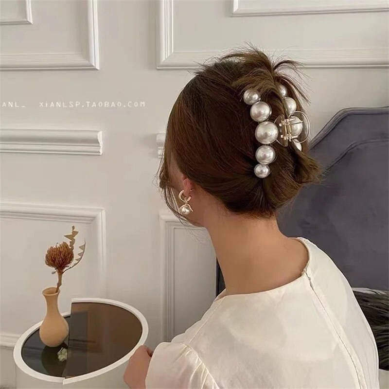 집게 클립 비녀 헤어 큰 여성용 크랩 뒤꽂이 올림머리 클로 진주 핀 아크릴 사이즈 헤어핀 : Honey shop