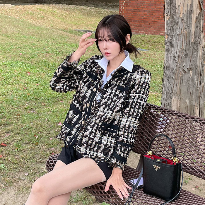 (고퀄)빈티지 트위드 골드 체크 긴팔 자켓 아우터 강남룩 청담룩 올드머니룩 : 더유미