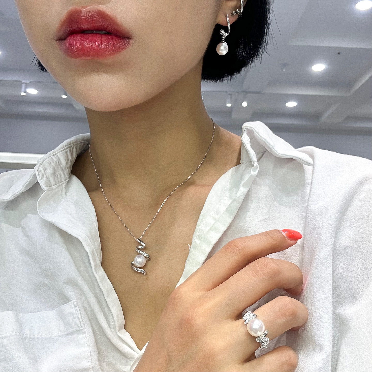 아코야진주 8.5mm-9mm 큐빅세팅 진주세트 14K : SB jewelry