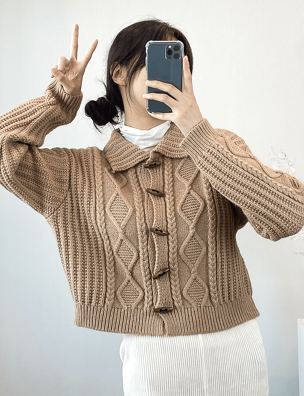 [온나125]꽈배기 카라 니트 가디건 떡볶이단추 토글 캐주얼 2color : 온나125
