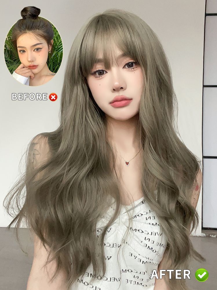 여자 통가발 긴 머리 웨이브 민트 브라운 애쉬카키 : 포런굿즈
