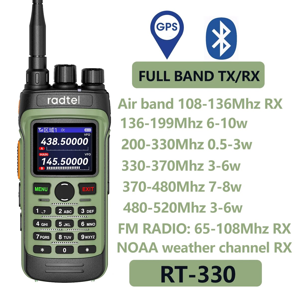 비상구 Radtel RT-330 GPS 블루투스 앱 프로그래밍 아마추어 라디오 풀 밴드 136-520MHz TX RX 항공 주파수 수신 NOAA 10W 전력 : 건빠오