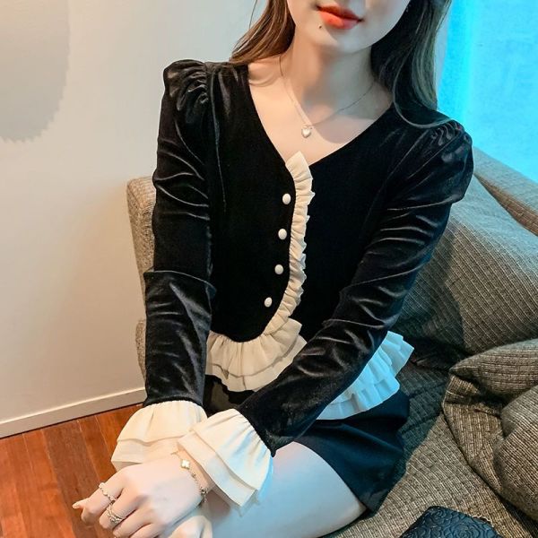 여자 가을 패션 벨벳 이너 티셔츠 긴팔 블라우스 캐주얼 BV6YanF1027 : 한국동형 주식회사