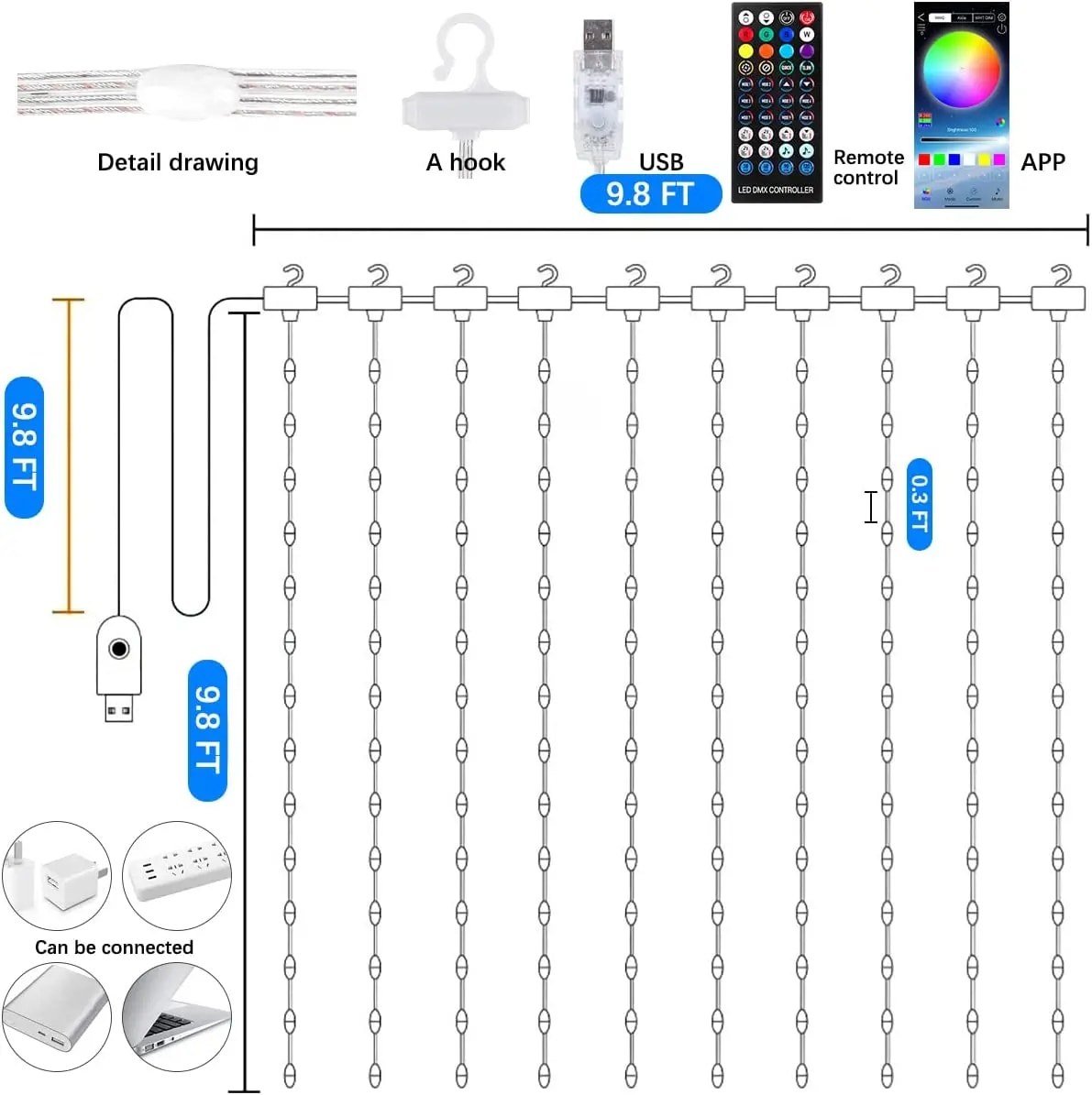스마트 블루투스 RGB 커튼 LED 스트링 조명 화환 USB 5V 페스툰 방수 요정 침실 : 미니멀샵08