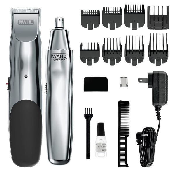 WAHL 왈 클리퍼 바리깡 Groomsman 충전식 수염 트리밍 키트 콧수염 콧털 가벼운 디테일링 및 보너스 습식/건식 전기 코 트리머 포함 그루밍... 