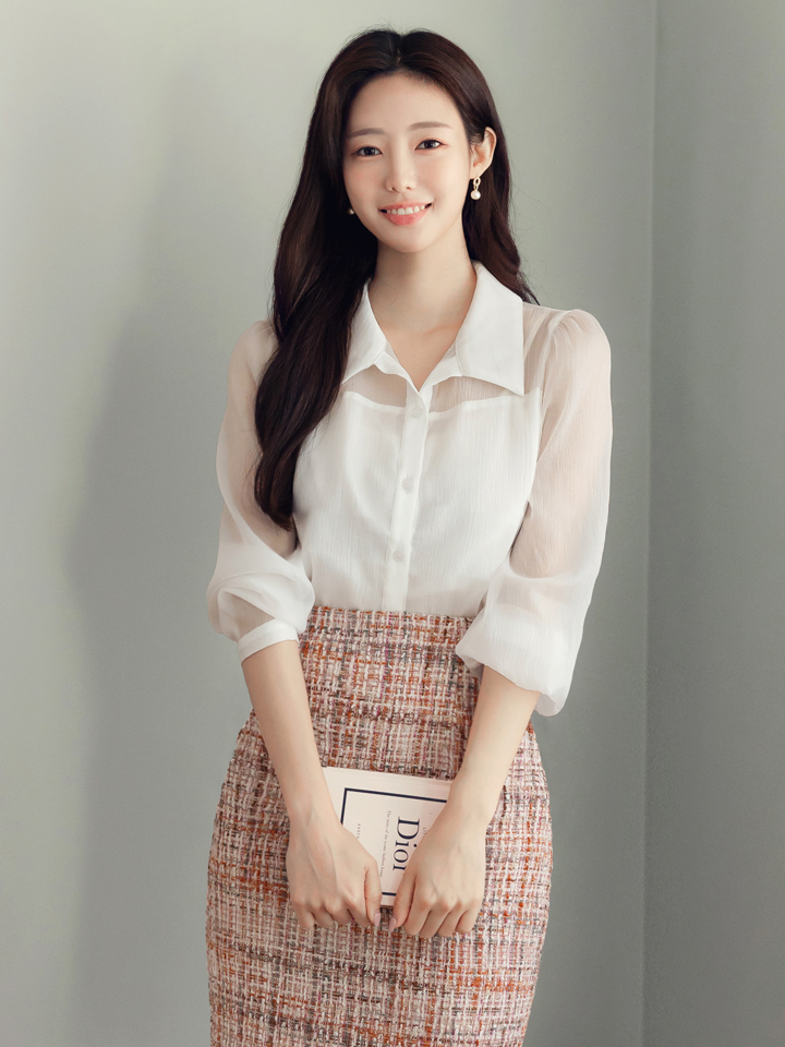[시크라인] 서튼 볼륨소매 크리즈 쉬폰 시스루 블라우스 빅사이즈/오피스룩/하객룩 : 시크라인-CLICLINE
