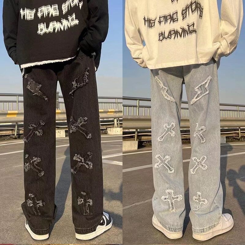 데일리룩 힙합 스트리트 남성 바지 하이 루즈 스트레이트 캐주얼 패션 크로스 패치 청바지  트렌드 : 편안한쇼핑엠케이몰