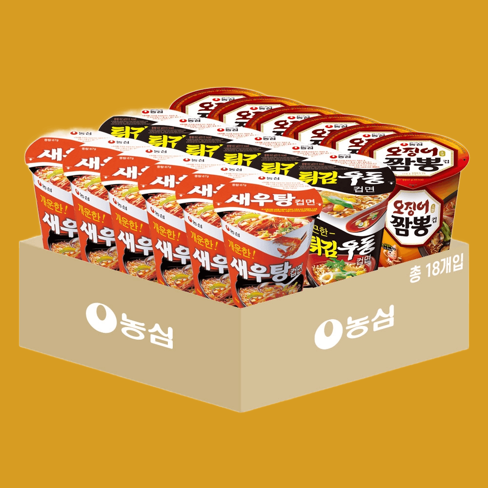 농심 새우탕 튀김우동 오징어짬뽕 각6개 컵라면 소컵 혼합 18입 : 라이프 부스터