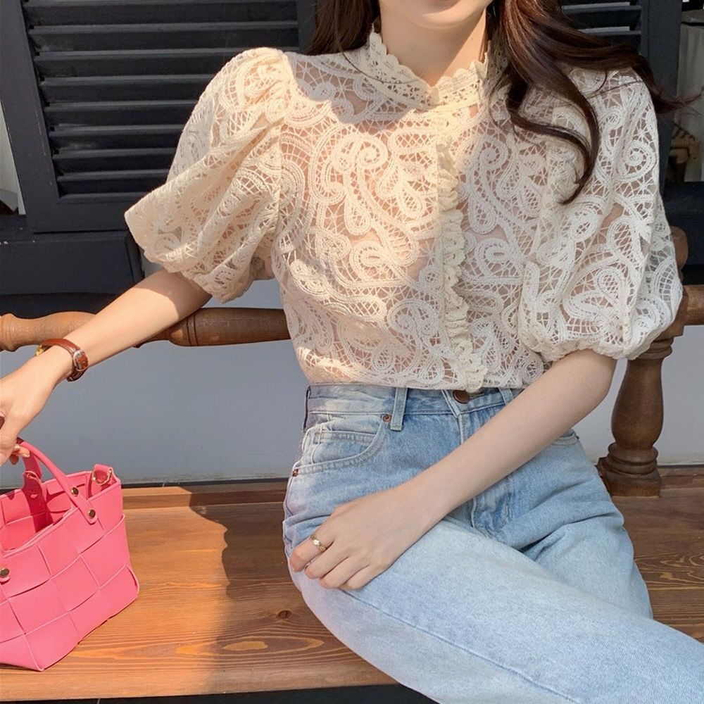 메이비굿 여성의류 퍼프레이스 볼륨소매 여자블라우스 : 브라운타운