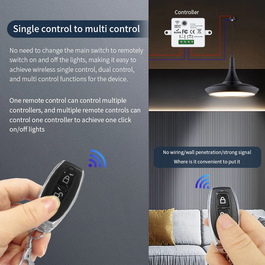 무선 RF 원격 제어 조명 스위치 ON/OFF 송신기 릴레이 수신기 벽 패널 LED 조명용 10A 433MHz : loveydada