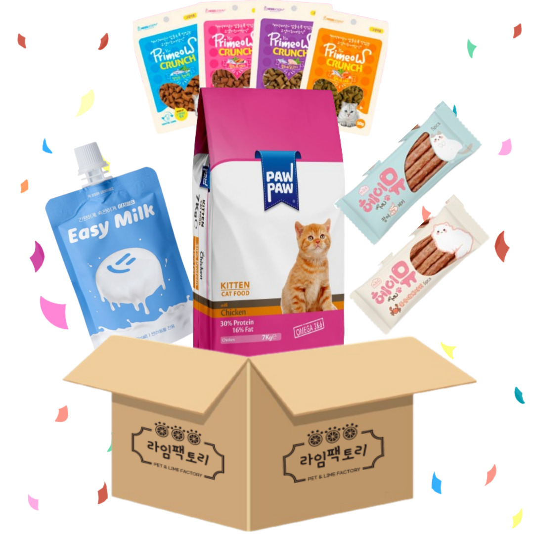 포포캣 키튼 치킨 고양이사료 7kg + 이지밀크50ml 1개 + 프리미오크런치50g 4개 + 헤이뮤 장어져키 1p + 헤이뮤 붉은대게져키 1p : 라임펫
