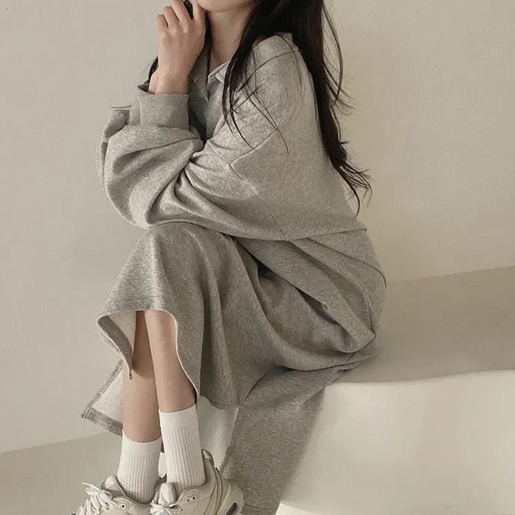여성 오버핏 카라넥 기모 롱 원피스 옆트임 긴팔 홈웨어 : 아임달라
