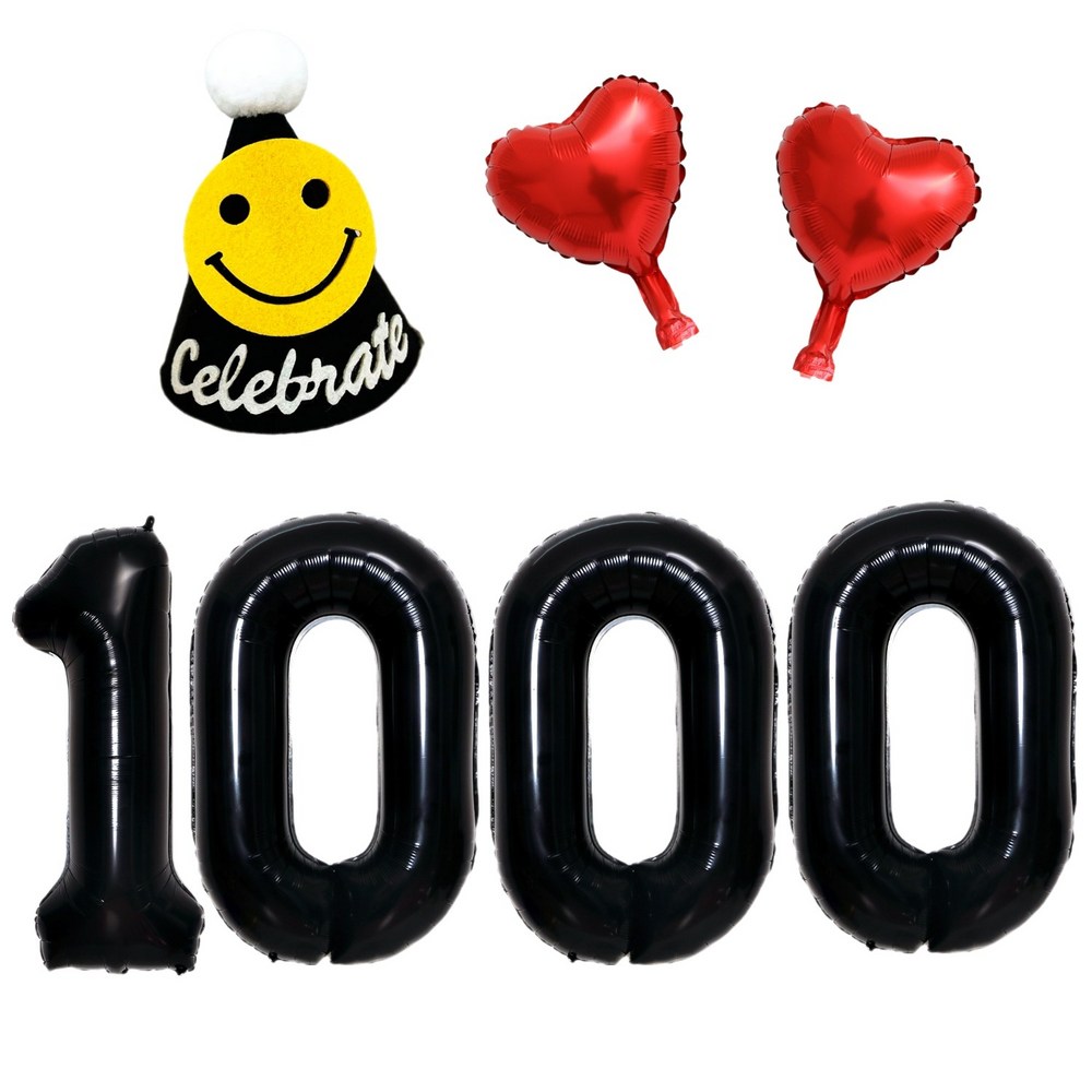쏙쏙마켓 1000일 기념 풍선세트 천일 숫자 하트풍선 파티햇 세트 블랙 1000일 파티햇세트 : 88점빵
