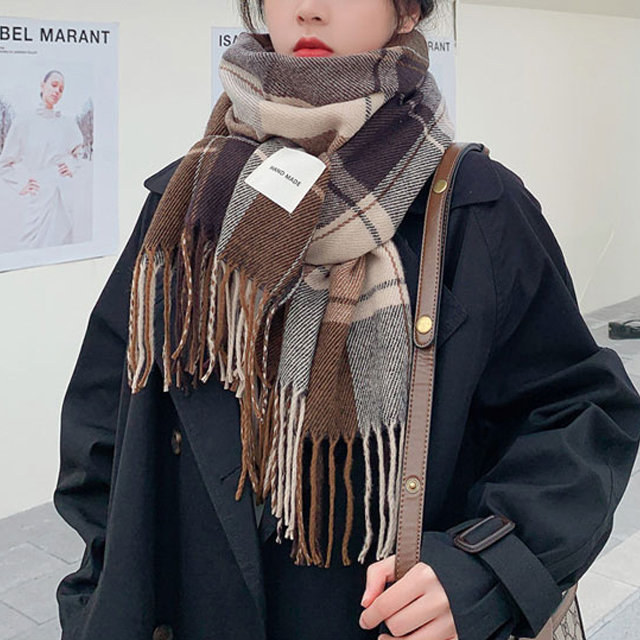 스카이 브라운 체크 롱 머플러 겨울 목도리 : 투비백