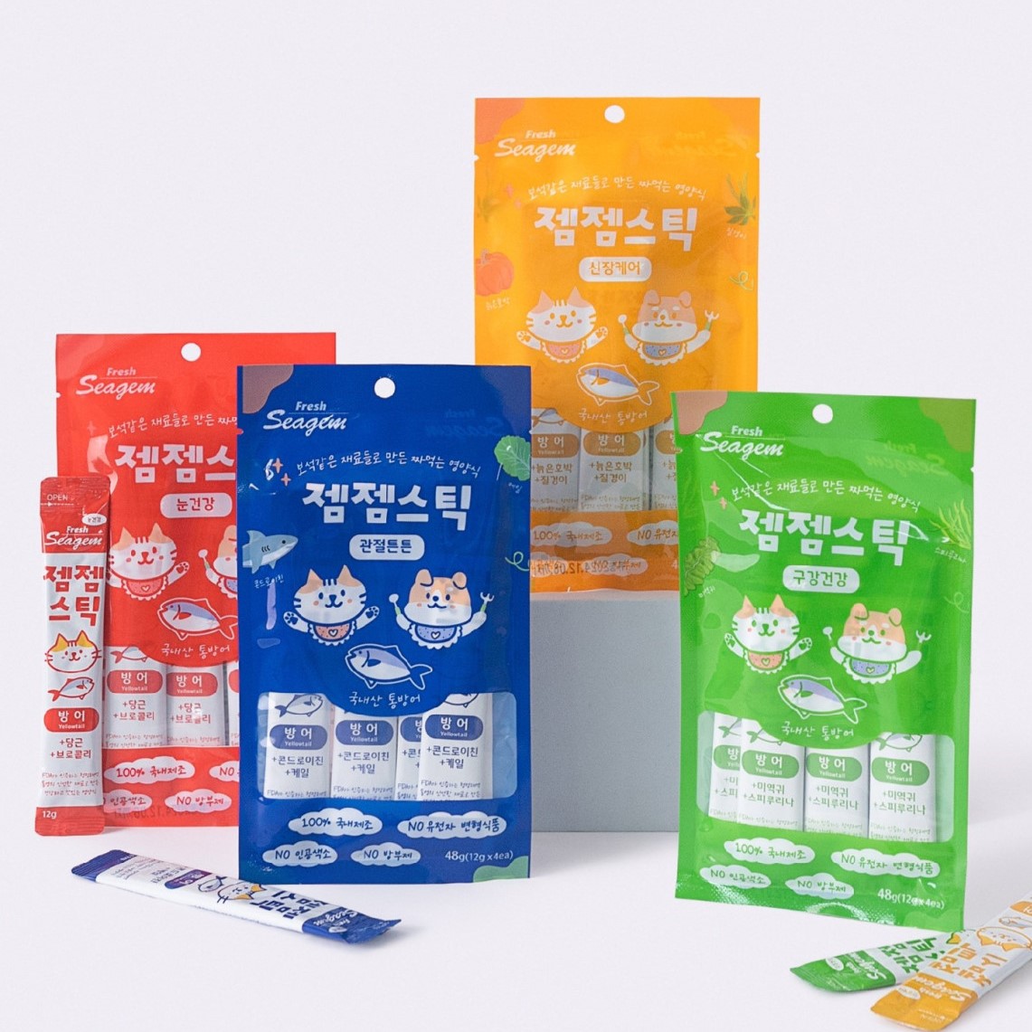 젬젬스틱 기능성 저염 츄르(눈, 신장, 관절, 구강) / 통영 방어 고양이 개 간식 12gx4개 : 씨젬