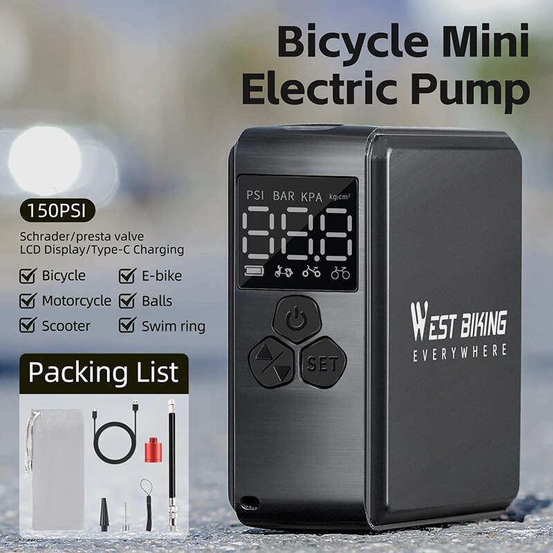 WEST BIKING 미니 전기 자전거 펌프 휴대용 C타입 충전 공기 압축기 타이어 팽창기 오토바이 자동 150PSI : 벨라링크
