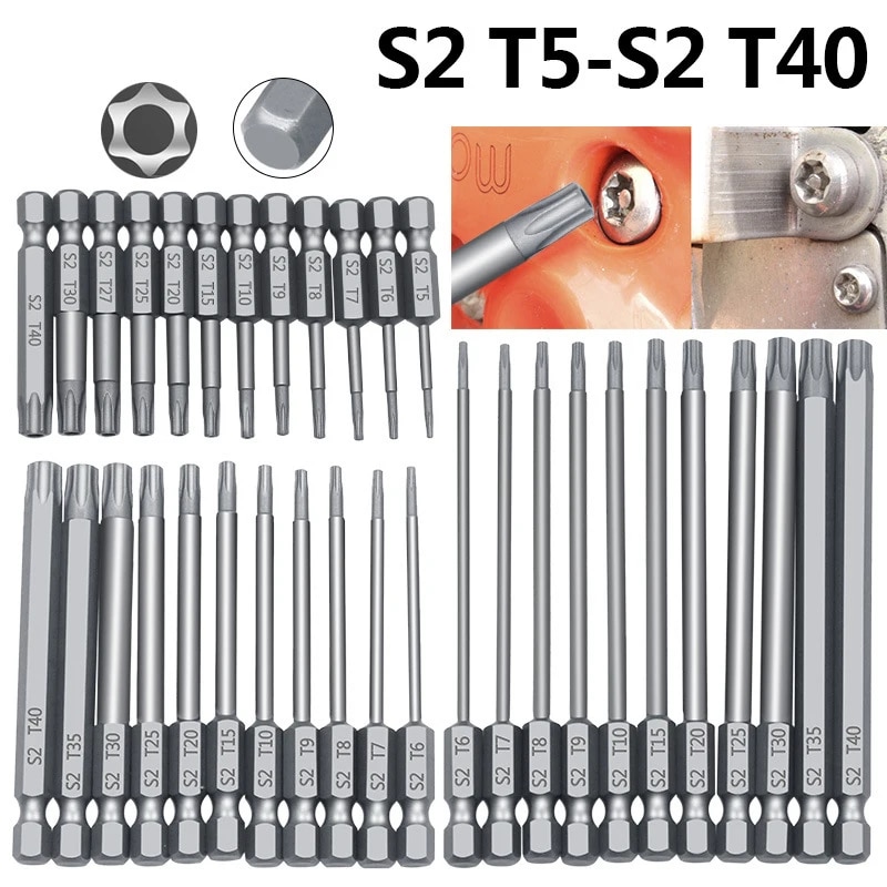 별 비트 세트 Torx 키 마그네틱 스크루 드라이버 S2 T5T40 14 육각 섕크 100mm 배치 헤드 전기 도구 : 화이트벨라