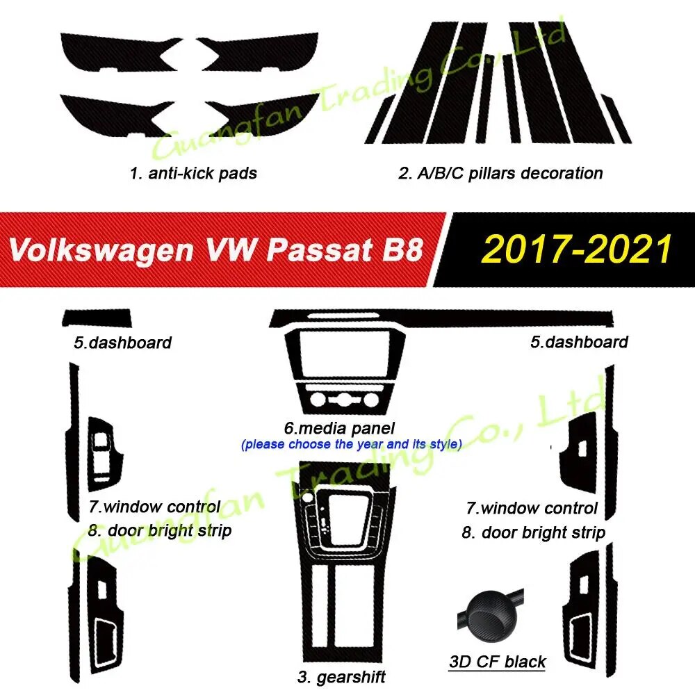 자동차 실내 몰딩 폭스 바겐 Passat B8 1721 스타일링 3D5D 탄소 섬유 인테리어 센터 콘솔 색상 변경 스티커 데칼 : 벨라버디