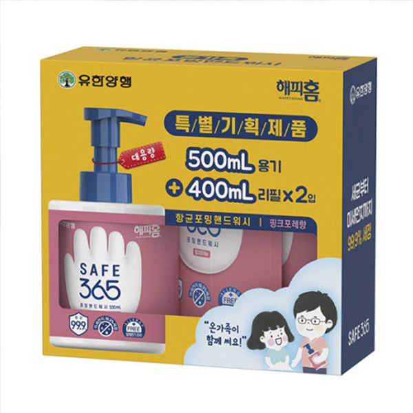 해피홈 SAFE365 핸드워시 기획상품 1-2 (핑크포레 / 500ml 용기 + 400ml 리필 2입) : 바른솝