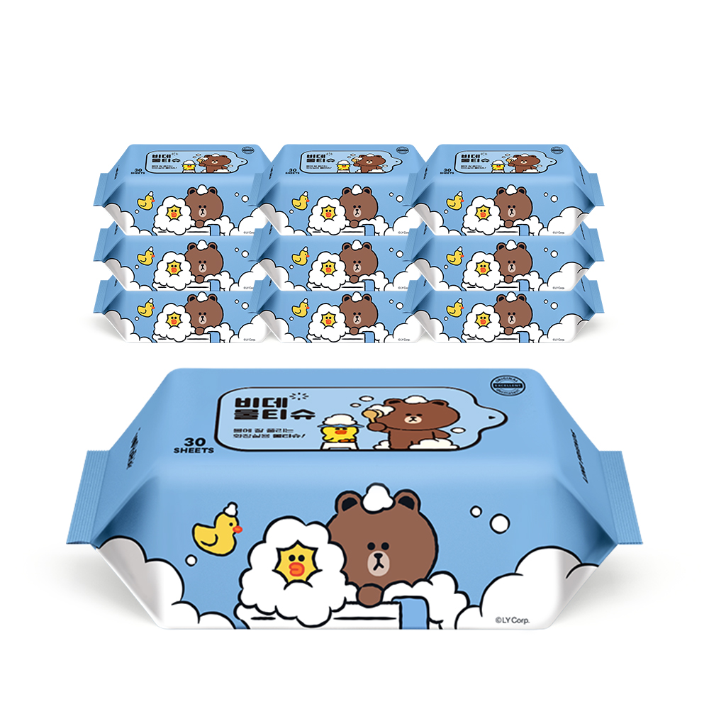 아이러브베베 라인프렌즈 버블에디션 비데 30매 10팩 화장실용 아기물티슈 : 지앤티클린