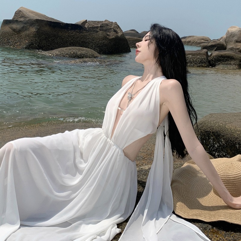 해외여행여름옷 여성 원피스 태국 여행 비치 섹시 홀터넥 해변 사진 옷 등 쉬폰 리본 베트남 동남아 여행룩 : 드림스픽