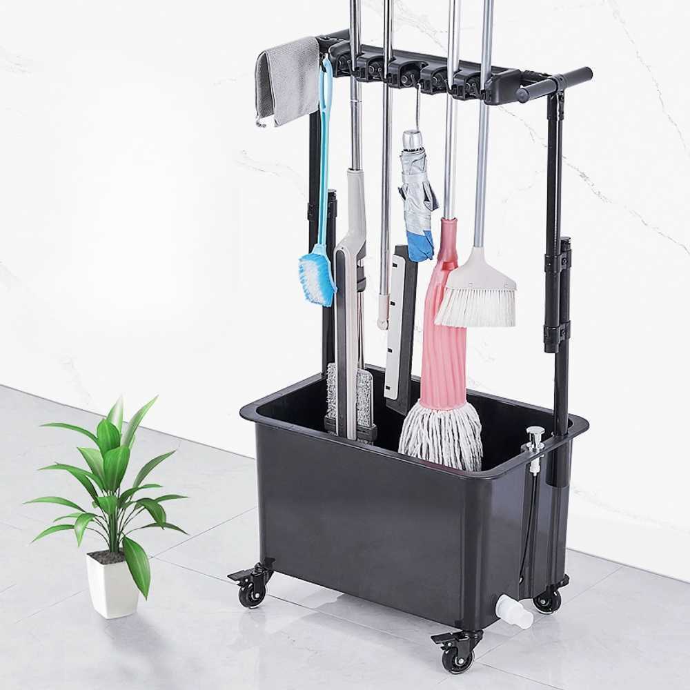 스텐 청소도구함 밀대 정리함 이동식 마대걸레 걸레 풀 120cm 고정식 확장10개 후크12개 : 밤부처럼