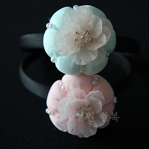 정원한복 한복소품 돌 백일 한복장신구 아동한복 [세화꽃머리띠 민트/분홍] : 정원한복