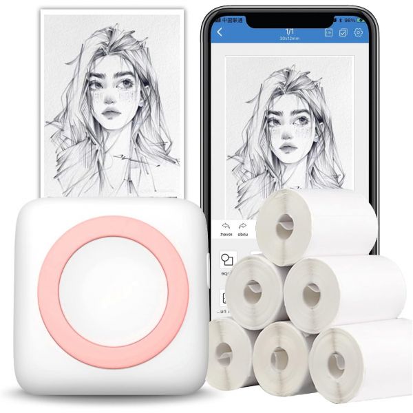 LetSketch 휴대용 포켓 프린터 Thermal Label Maker Android iOS 300dpi와 호환되는 스티커 블루투스 영수증 저널 책노트라벨사진7롤... 