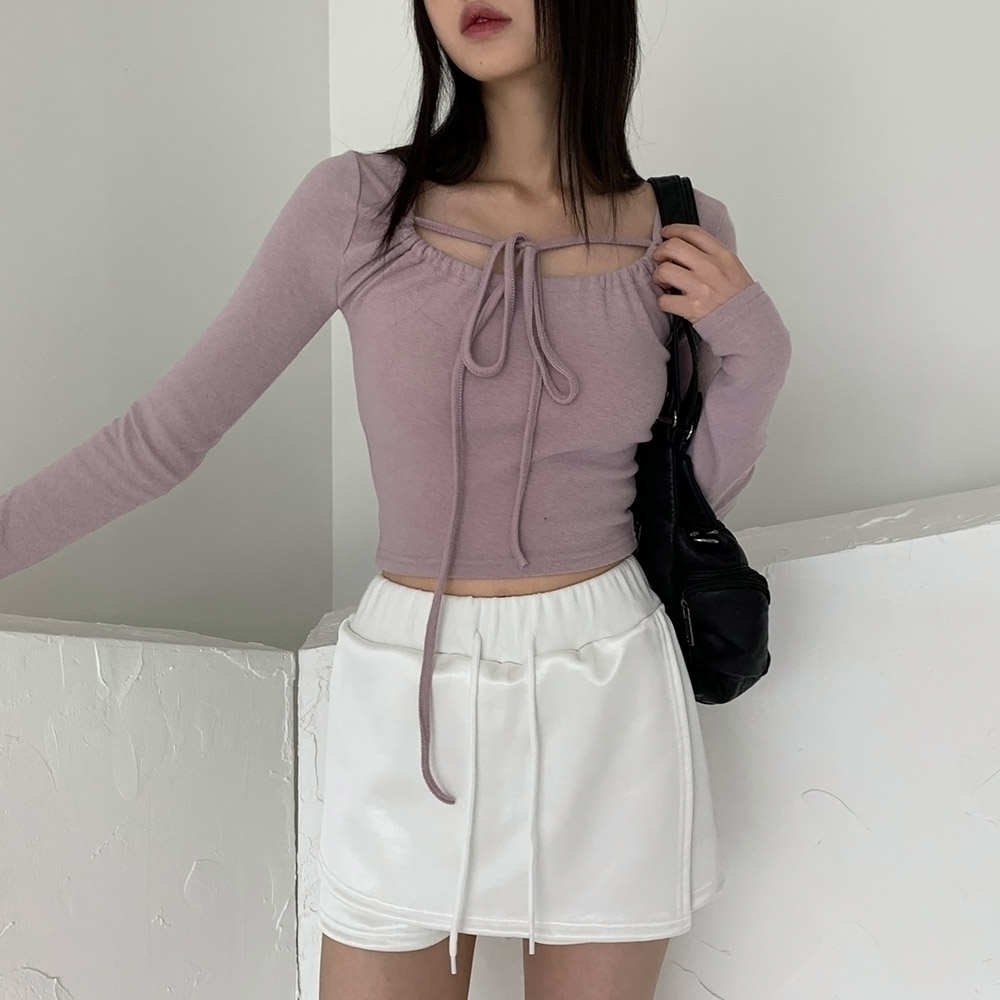 옐르 스퀘어넥 셔링 리본 겉기모 크롭 티셔츠 : 하이리밋