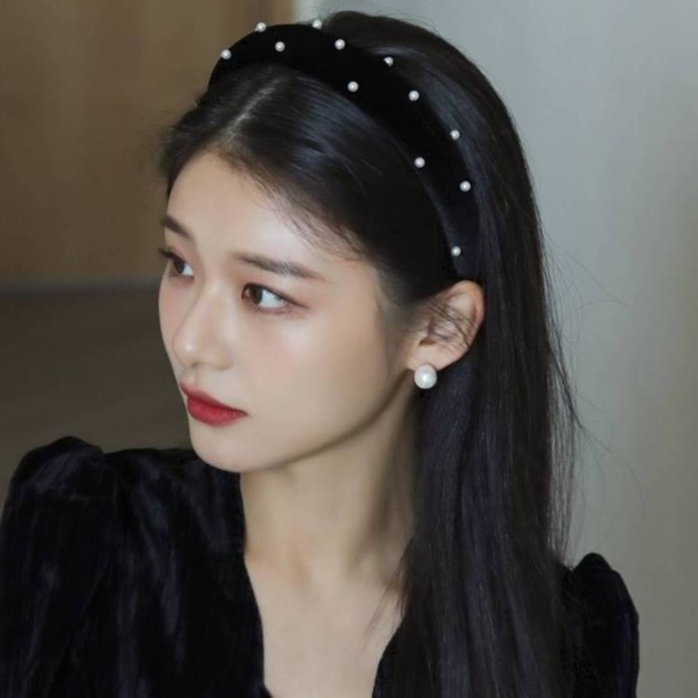벨벳진주머리띠 블랙 여성 겨울헤어밴드 큐빅 보석 : 꿀바네