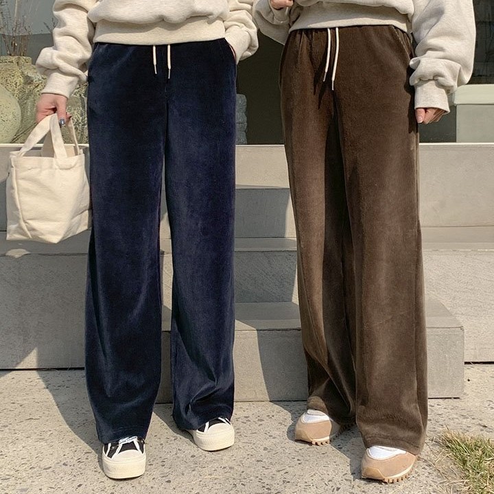 벨벳 일자 팬츠 허리끈 밴딩 바지 따뜻한 여성 데일리룩 : 네츄럴런드리