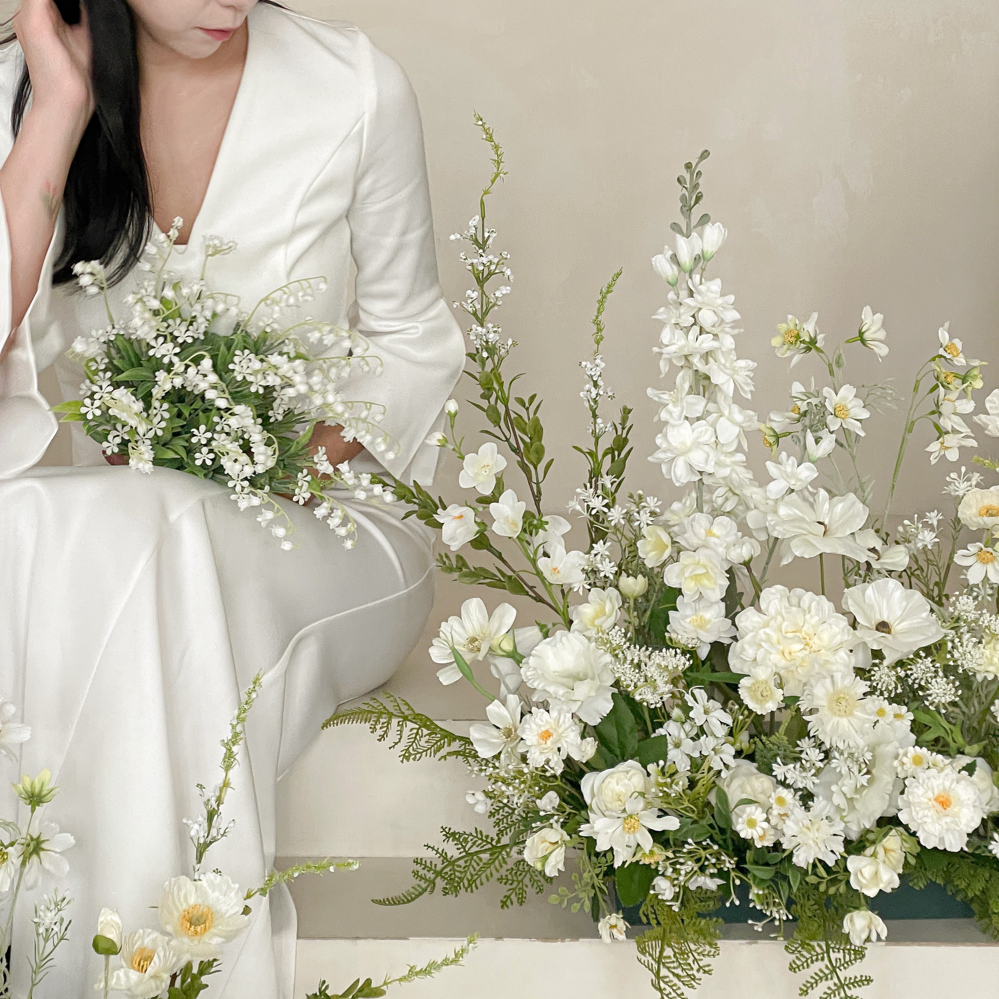 롱 화이트 조화 센터피스 롱앤로우 완제품 (가로60cm) 웨딩 스튜디오 돌 파티 촬영소품 : 메이드모드