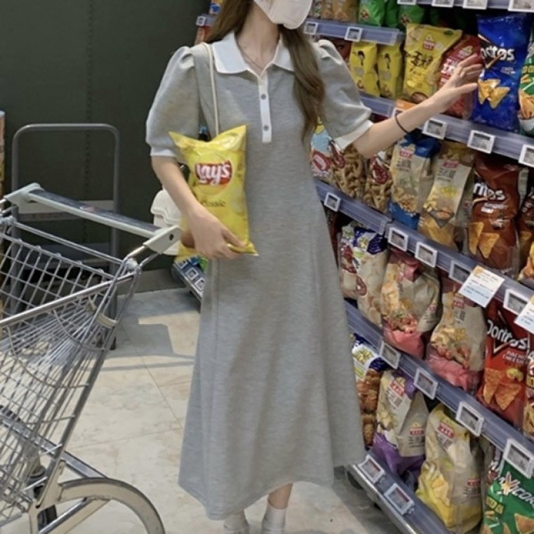 여성 롱원피스 카라배색 단아 셔링퍼프소매 여성스런 : 이제이컴퍼니00
