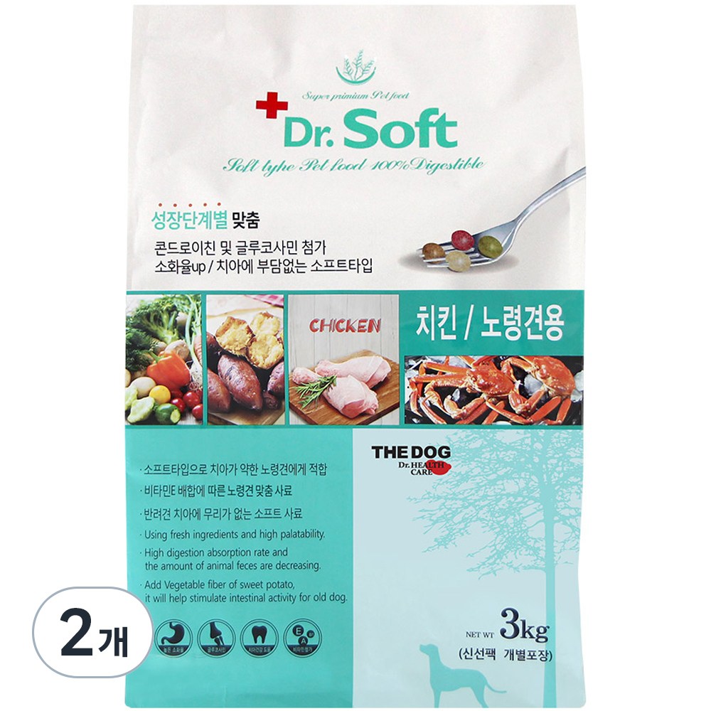 닥터소프트 더독 치킨 7세 이상 시니어 노령견용 사료 닭 3kg 2개 : BlingBlitz