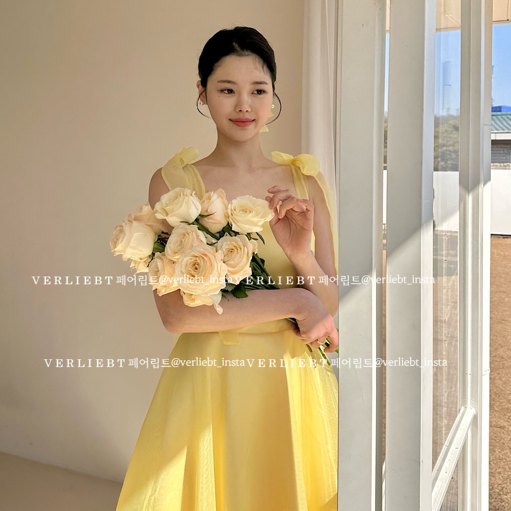 (대여) 카밀레 옐로우 오간자 실크 리본 셀프웨딩 드레스 야외 제주도 스냅촬영 : 페어립트- VERLIEBT