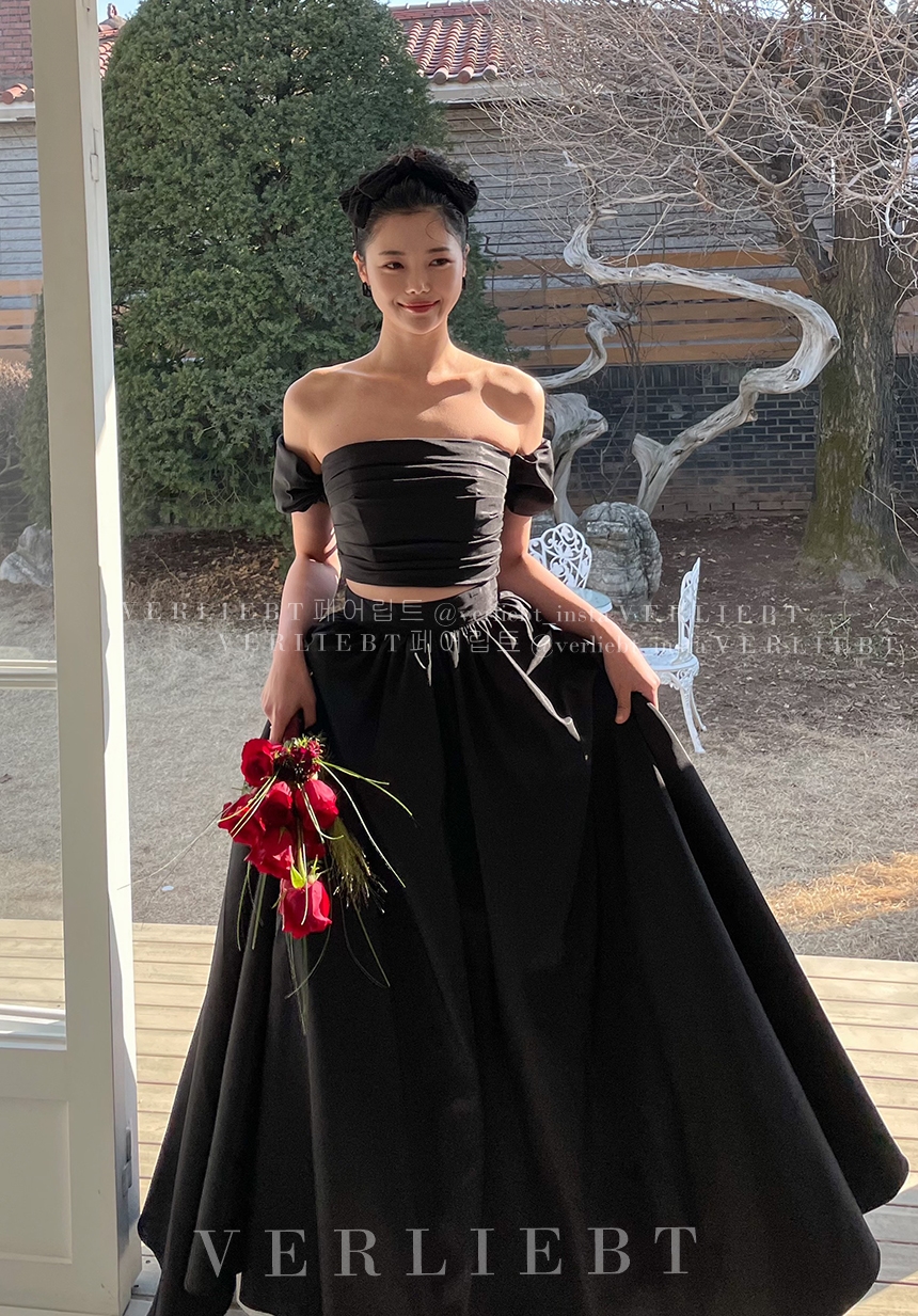 (대여) 블랙 조이 타프타 투피스 실크 드레스 소매 퍼프 셀프웨딩 스냅촬영 2부 드레스 : 페어립트- VERLIEBT