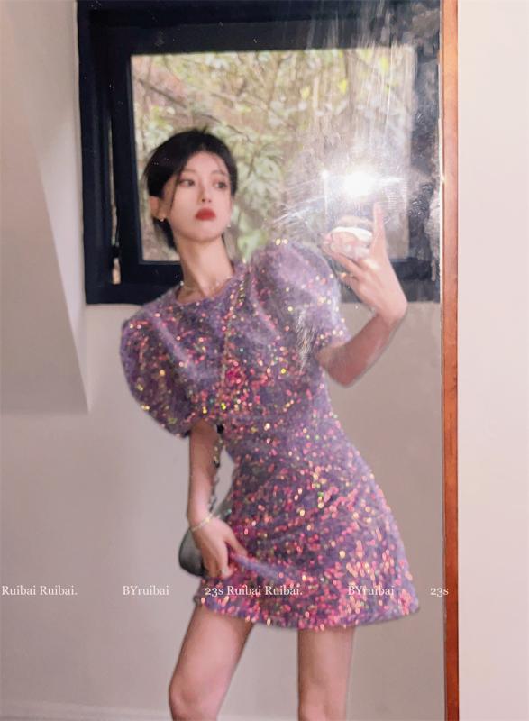 보라 스팽글 원피스 반짝이 퍼프 파티 미니원피스 : 다구해몰