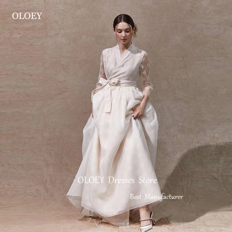 셀프 웨딩 원피스 브라이덜샤워 돌잔치 피로연원피스 소매 이브닝 신부 레이스 한복 가운 : 브라이트존