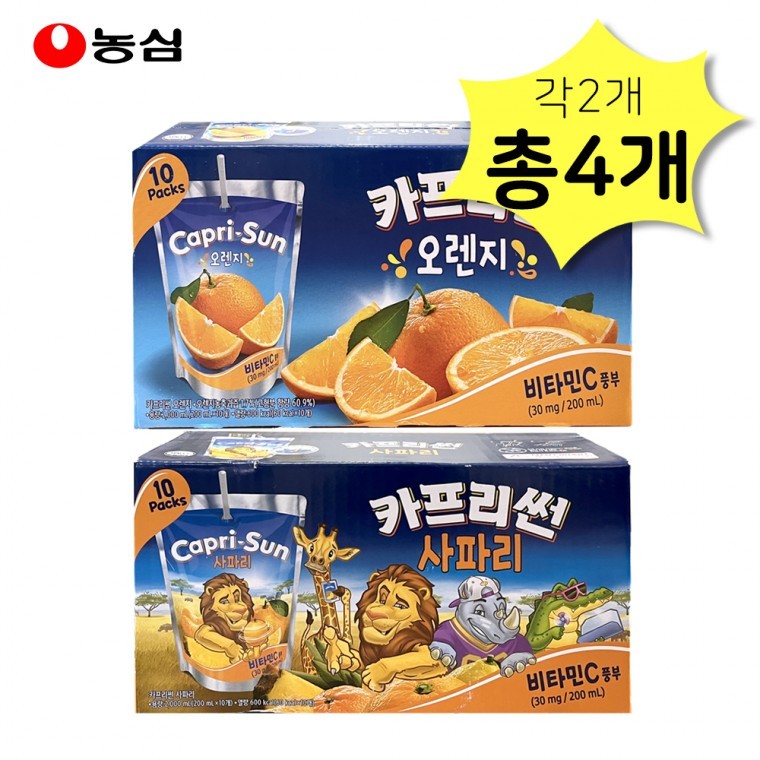 농심 카프리썬 오렌지사파리 200ml x 각20개(총40개) 2가지맛혼합 무색소 천연과즙 파우치음료 : 다산 유통센터