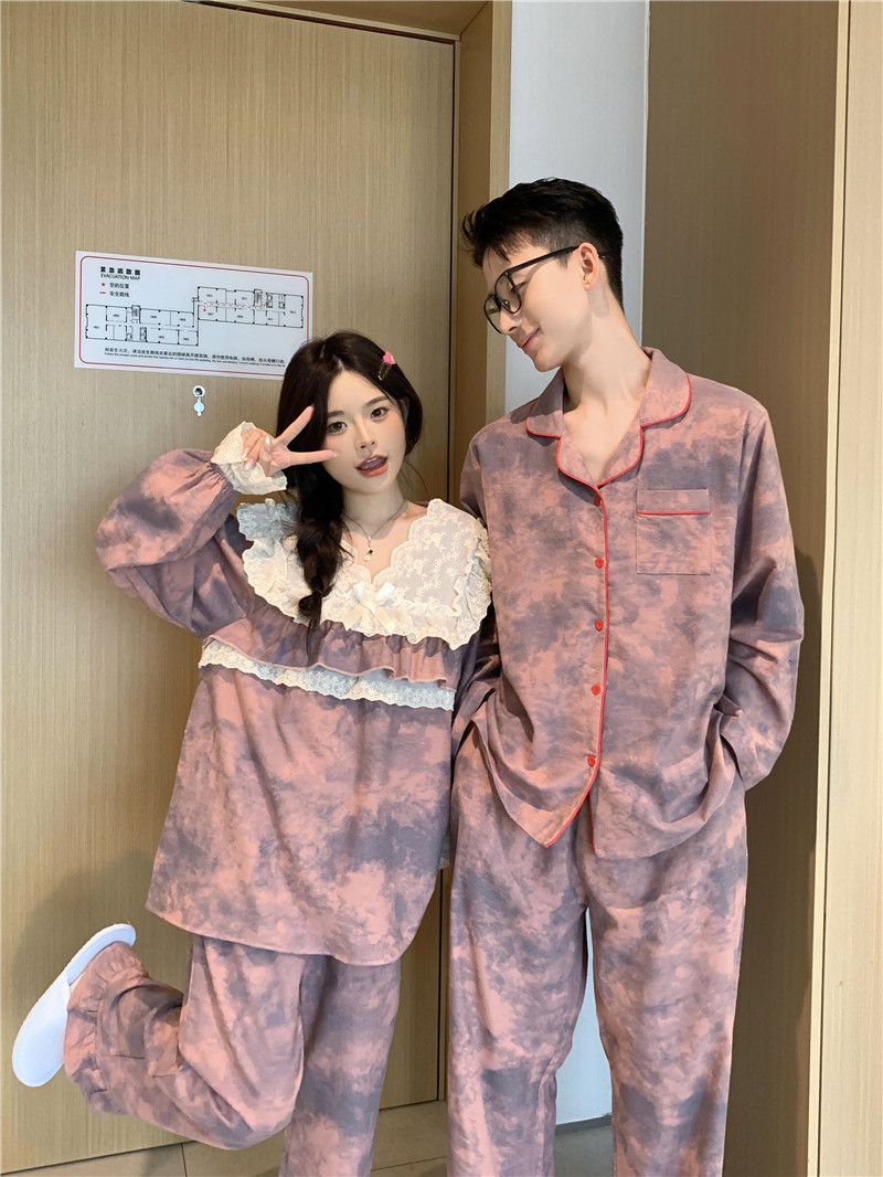 ［2color］긴팔 로사 커플 잠옷 세트 순면 홈웨어 파자마 프릴 귀여운 잠옷 초이앤유 : CHOInU