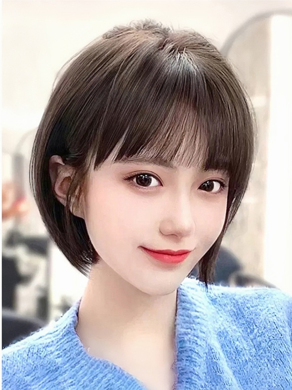 귀여운 인모가발 단발 짧은 머리 숏단발 숏컷 상고 여자 커트 작은 헤어피스 : 5시즌스토어