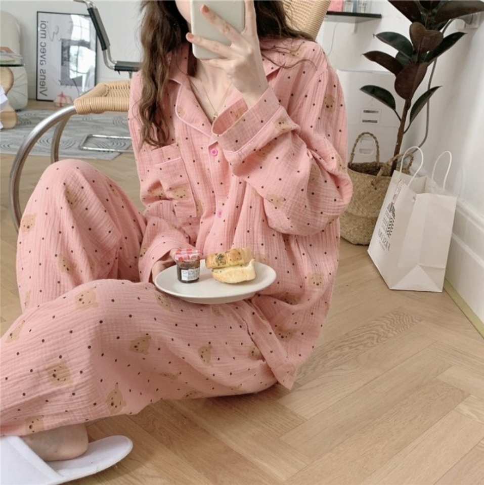 F0099 [2컬러]땡땡이 베어 지지미 요루면 잠옷세트 홈웨어 파자마파티 실내복 : 토리잠옷