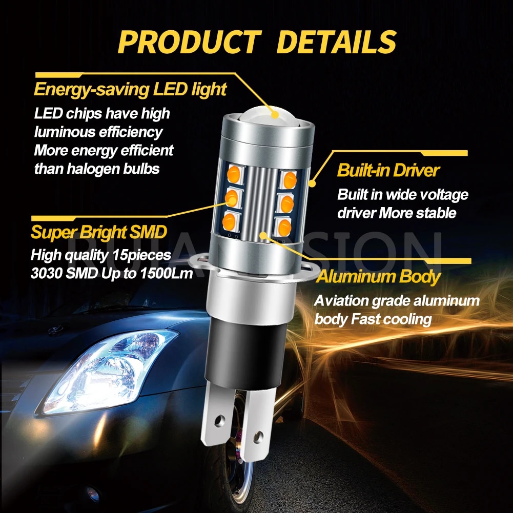 Ruiandsion H3C 슈퍼 브라이트 자동차 조명 안개등 1500LM 주간 운전 러닝 전구 흰색 12V 24V 6000K 노란색 66W 2 개 : 소유라이프21