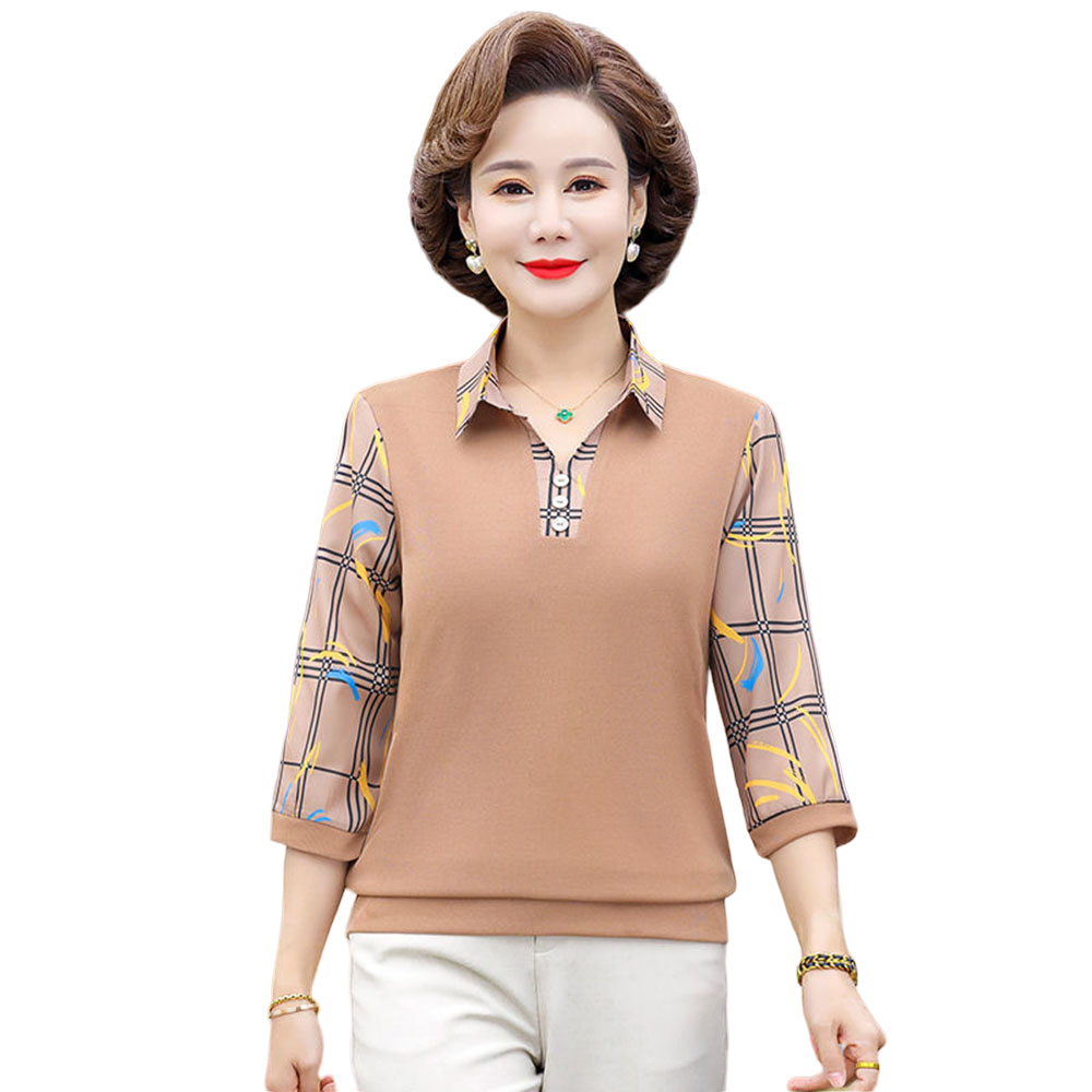 여성 엄마옷 7부소매 반팔 티셔츠 카라넥 캐주얼룩 이너 상의 V22213 : 플로엔스