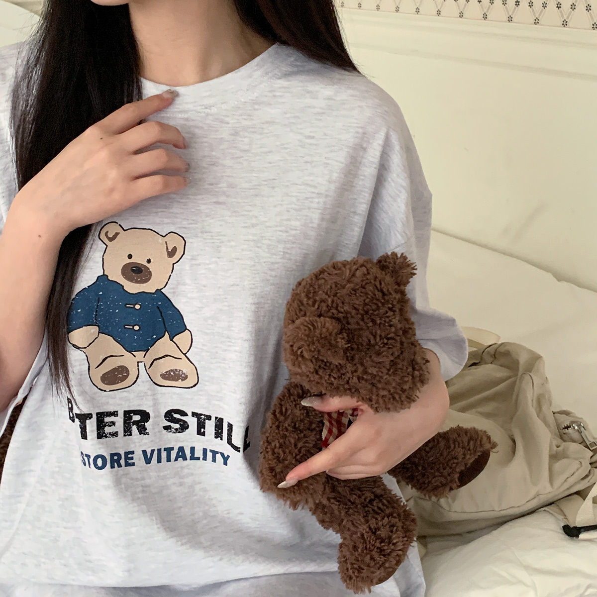 베어빈 라운드넥 곰돌이 프린팅 사이드트임 롱티셔츠 원피스 : 미미야