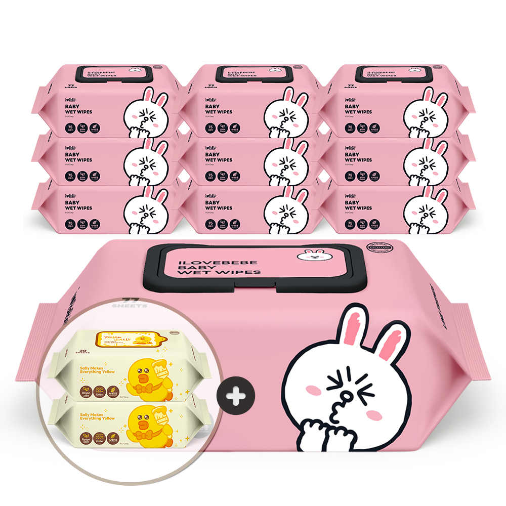 아이러브베베 라인프렌즈 기본에디션 생분해원단 코니 77매 75g 10팩 캡형 아기물티슈 : 지앤티클린