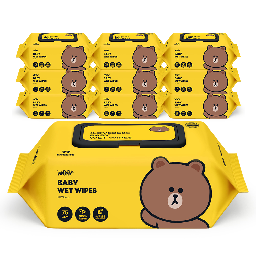 아이러브베베 라인프렌즈 드림에디션 브라운 생분해원단 77매 75g 10팩 캡형 아기물티슈 : 지앤티클린
