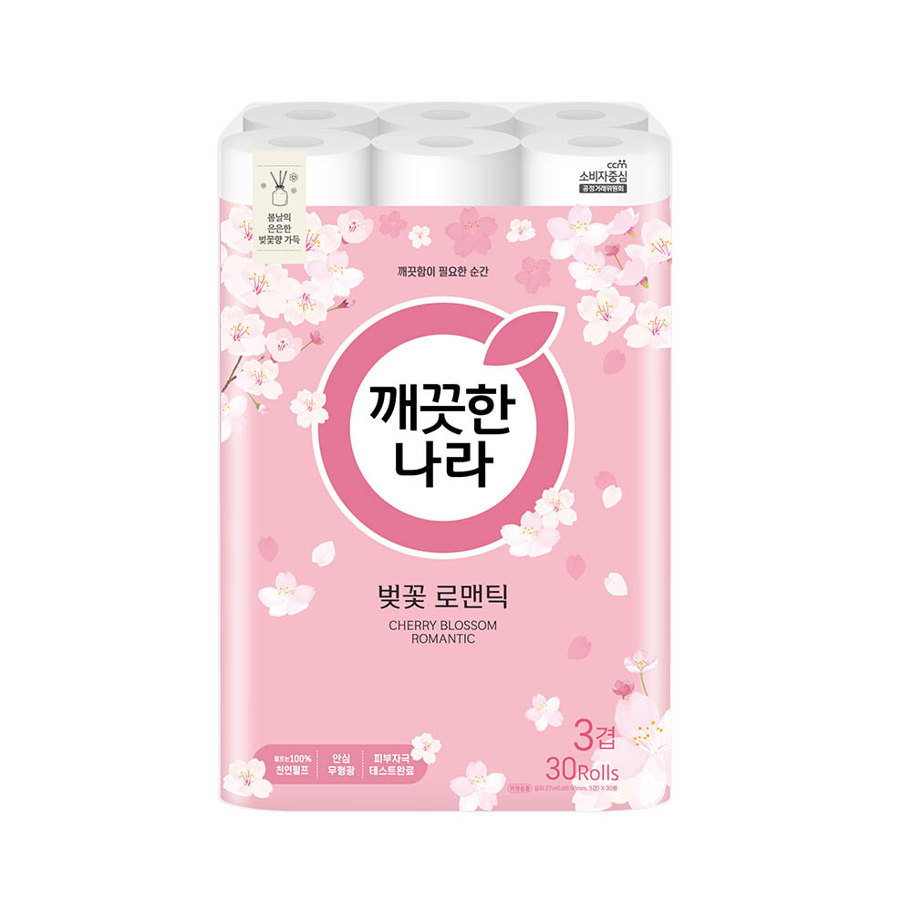 깨끗한나라 벚꽃 로맨틱 3겹 천연펄프 화장지 27m 30롤 : 디에치커머스