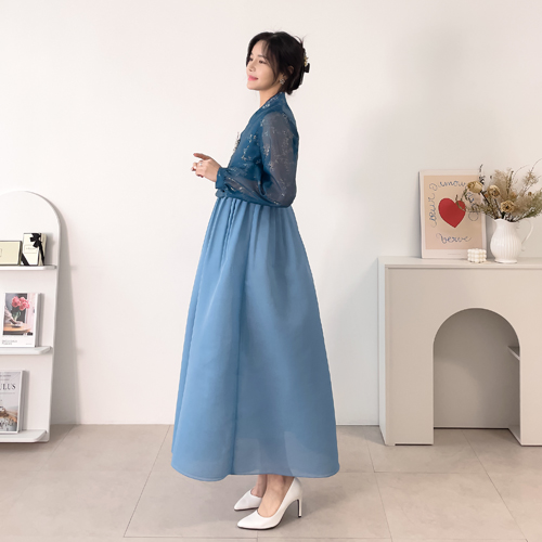 민한복 103번 블루디 생활한복 드레스 원피스 일상 퓨전 철릭 허리치마 개량 여성 신부 : 민한복